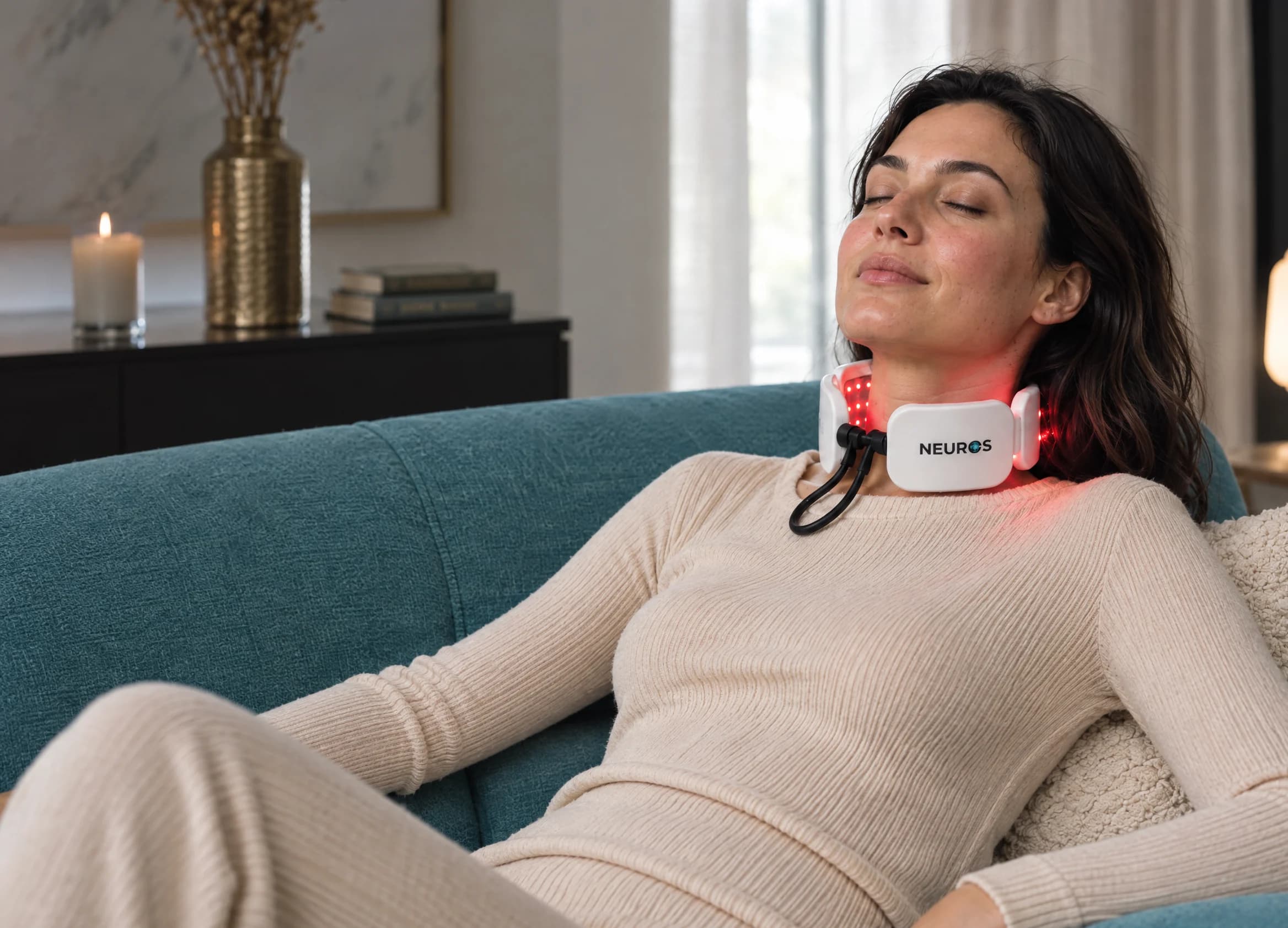 Femeie relaxată pe canapea, purtând NEUROS Calm