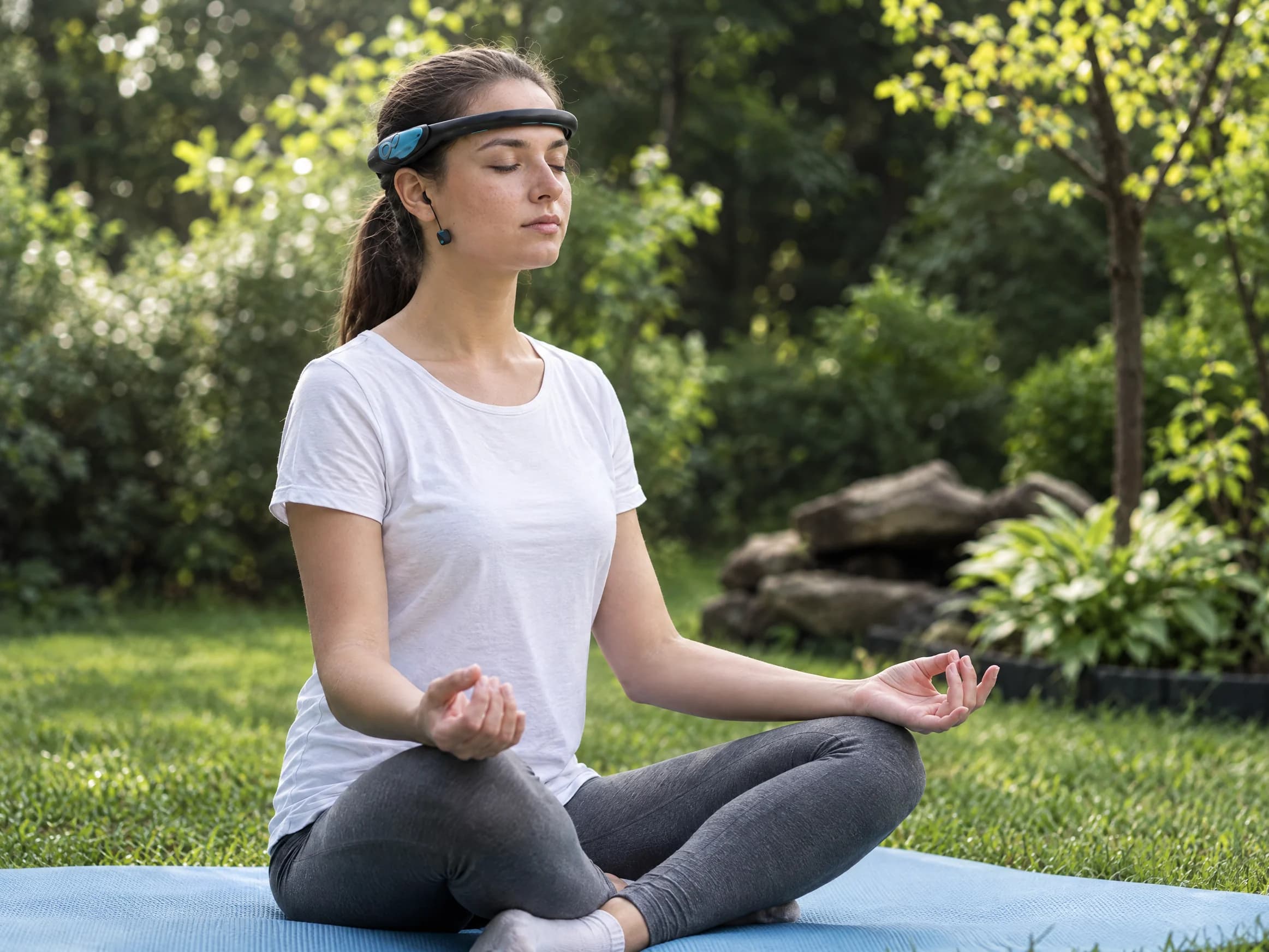 Femeie meditând în grădină, purtând NEUROS Focus